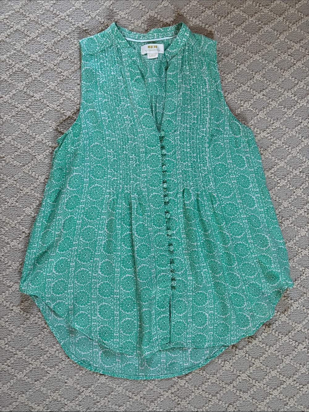 Maeve by Anthropologie Green and White Printed Sleeveless Top